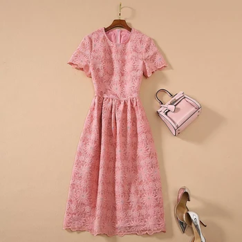 

HIGH QUALITY Newest 2020 Fashion Designer Runway Dress Women's O-Neck Short sleeve Hollow Out Embroidery Dress