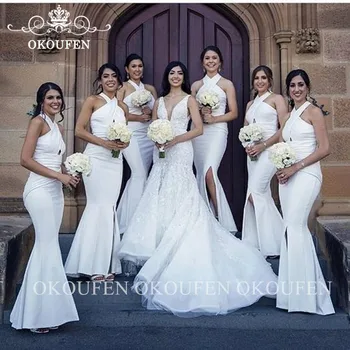 

Sexy Side Split Halter Bridesmaid Dresses In White Long Mermaid Wedding Guest Dress Maid Of Honor For Women