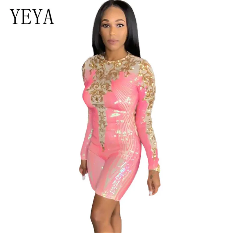 

YEYA Fashion Sequined Long Sleeve Jumpsuits Elegant Hollow Out Bodycon Skinny See Through Playsuits Glitter Party Club Overalls