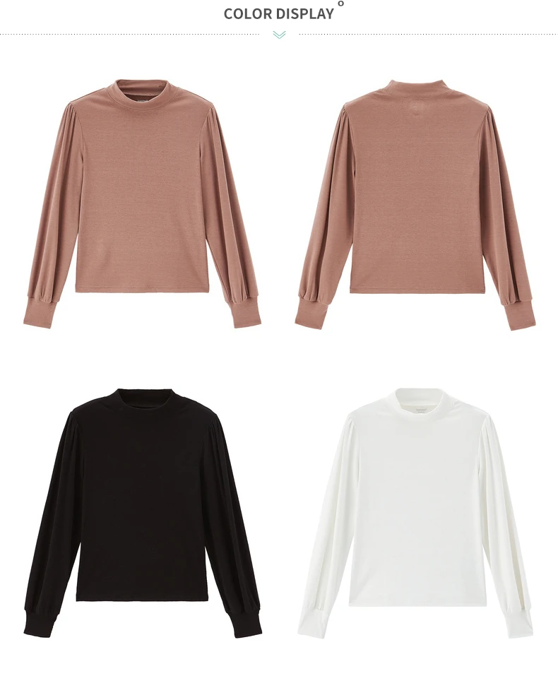 INMAN 2020 Autumn Winter New Arrival Retro French Style High Collar Bubble Long Sleeve Women T-Shirt