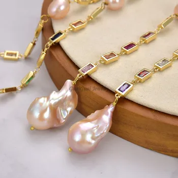 

GuaiGuai Jewelry 50" Cultured Pink Keshi Pearl Mixed Color Rectangle Cz Pave Long Chain Necklace party sweater chain necklace