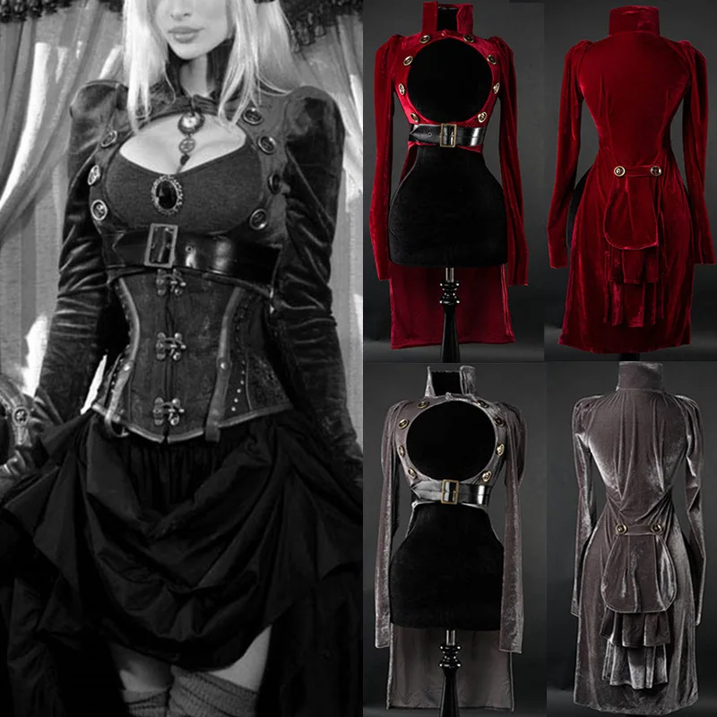 

New Women Medieval Vintage High Collar Long Sleeves Victorian Steampunk Rivet Sexy Tuxedo Dresses Female Gothic Cosplay Costume