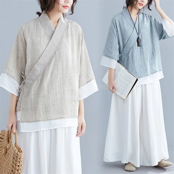 

Traditional Chinese Women Blouses Linen Tops Yoga Set Pants Retro Kimono Cardigan Coat Tai Chi Uniform Breathable Casual Hanfu