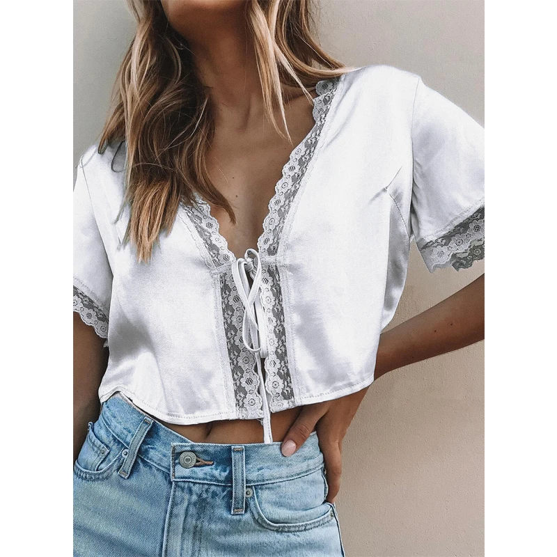 Blouse Mini Lace-up Sexy Shirt Fashion Womaen Short Sleeve Crop Top White Lace Cardigan Summer Women Deep V Neck Chiffon | Женская