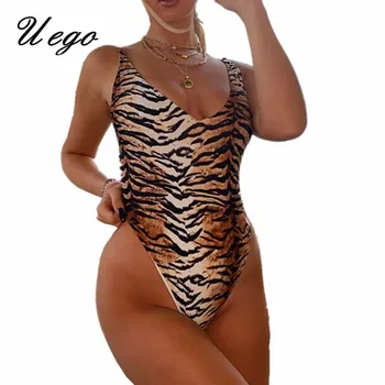 

Uego Print Tiger One Piece Swimsuit High Waist Women Swimwear Mujer Biquini Backless Sexy Lady Beach wear Bathing Suits Bikini