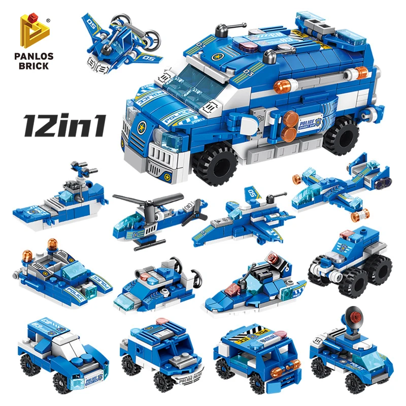 

569PCS Police Assault Car 12in1 Combat Plane Patrol Aircraft Police Boat Robot Scout Ship SUV Fun Building Block Toy For Boy Kid