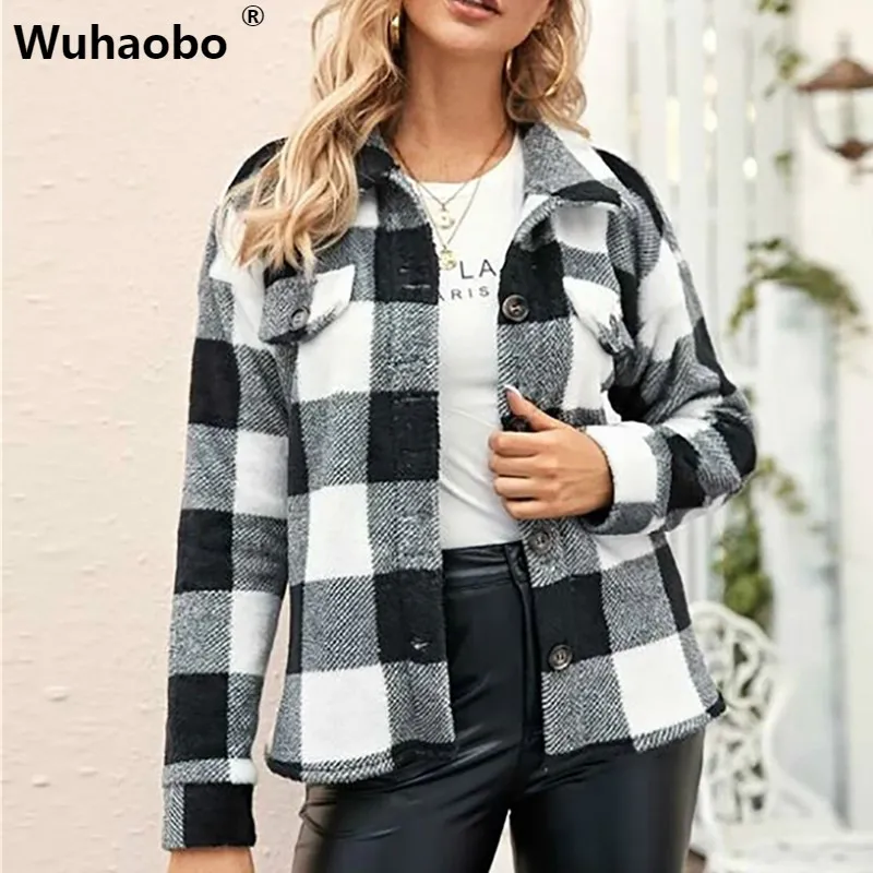 Wuhaobo Горячая поп осень зима черный решетки нагрудные шерстяные пальто для женщин Свободные Теплый кардиган Кнопка Короткие куртки верхняя одежда