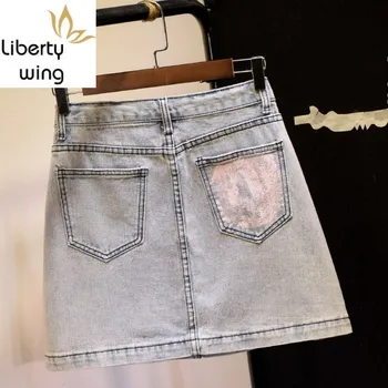 

Womens Chic Denim Mini Summer Vintage Light Blue High Waist Wrap A-Line Street Style Pocket Zipper Jeans Skirt