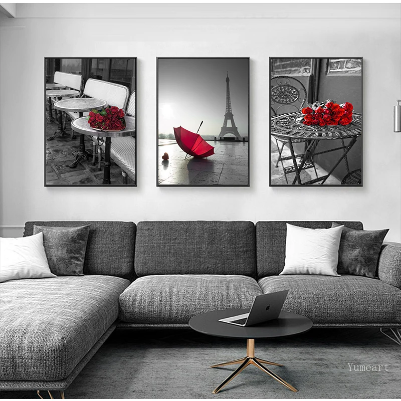 Modern Red Rose Flower Canvas Painting Landscape the EiffeL Tower in Paris Poster Wall Picture Living Room Home Decor Artwork | Дом и сад