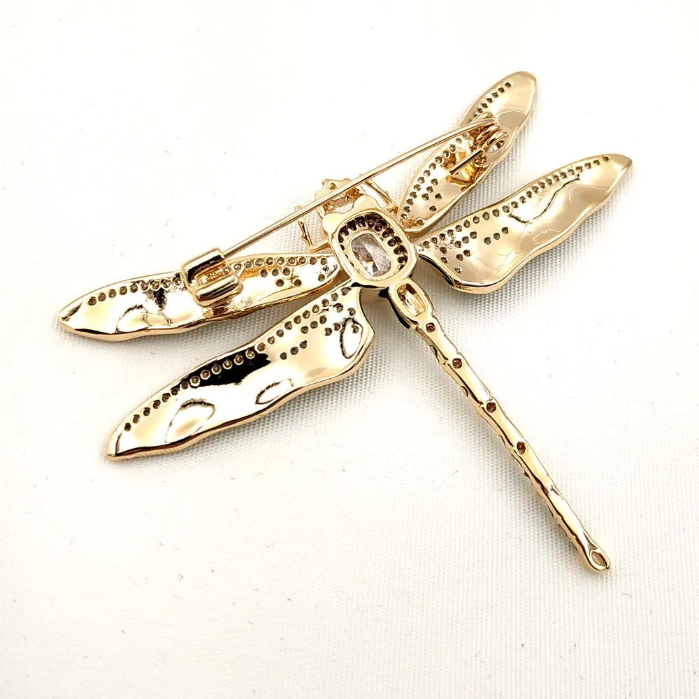 Vintage Green Enameled Oversize Dragonfly Brooches Gold Tone Micro Pave Crystal Winged Big Dragonfly Pins Unisex Insect Jewelry