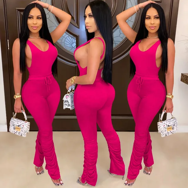 Women 2PC Set Stacked Leggings + O-Neck Bodysuit Club Outfits Sexy  Streetwear #Y