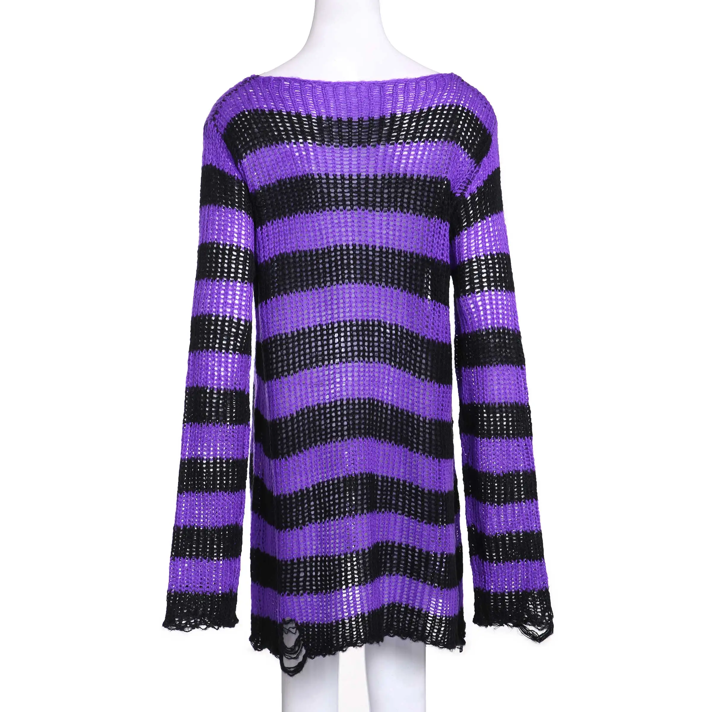 Женский свитер, готический вязаный свитер, женские длинные пуловеры, полосатые свободные зимние рваные свитера размера плюс, джемперы