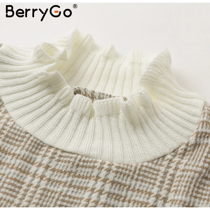 BerryGo, водолазка, негабаритный женский свитер, Осень-зима, длинный рукав, женские пальто, модный клетчатый пуловер, Женская толстовка