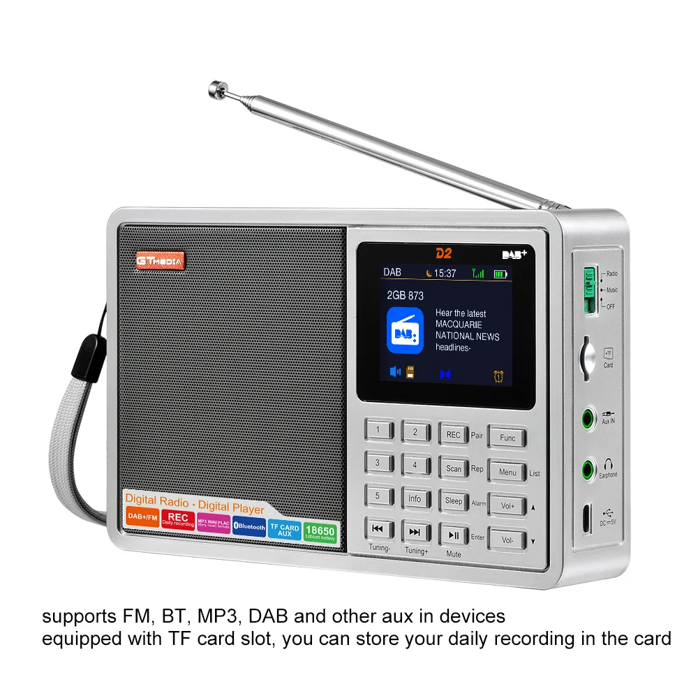 

GTMEDIA portable radio D2 Portable DAB Radio Digital FM Radio Bluetooth Speaker AUX IN TF Card Slot MP3 player socket
