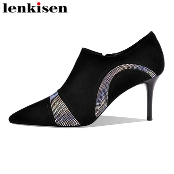 

Lenkisen handmade high quality shoes women kid suede pointed toe high heels rhinestone elegant lady dinner party zip pumps L05