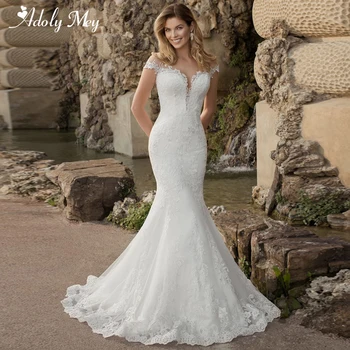 

Adoly Mey Romantic Scoop Neck Button Mermaid Wedding Dresses 2020 Luxury Cap Sleeve Appliques Court Train Vintage Bridal Gowns