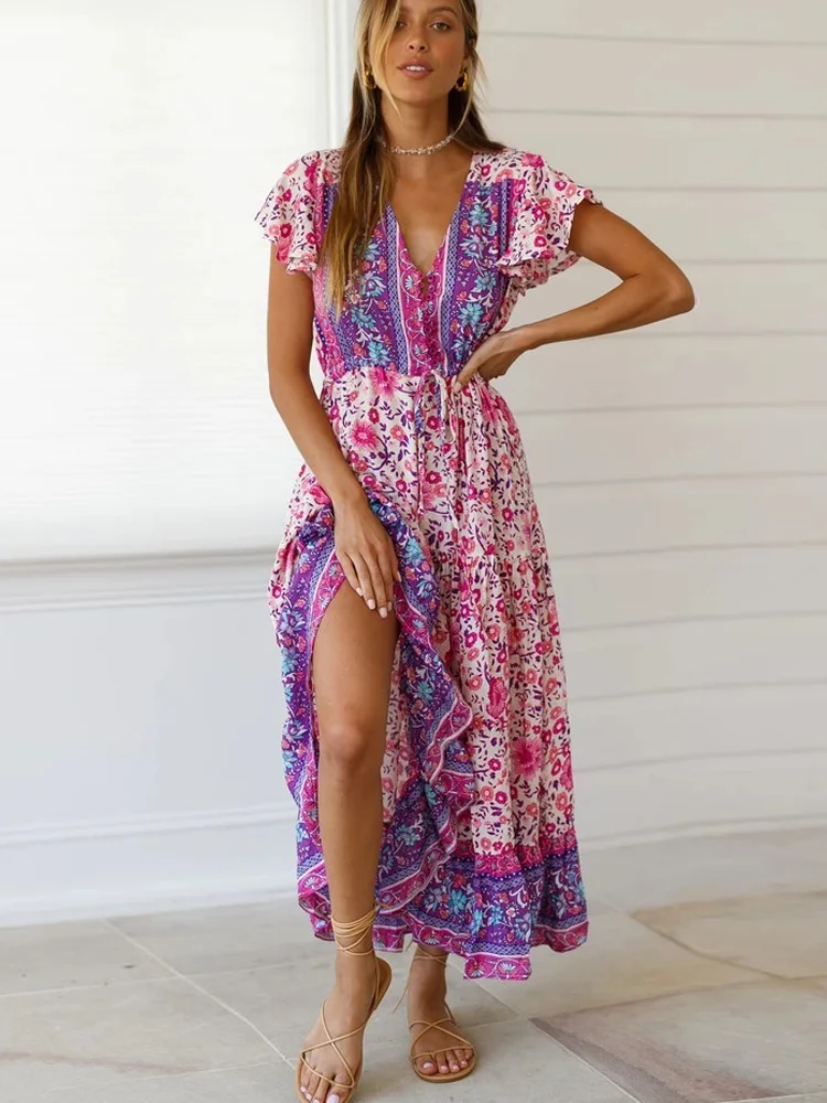 Бохо платье KIYUMI Gypsy цветочный принт Плиссированное женское платье с v-образным вырезом винтажное летнее свободное пляжное мягкое вискозное платье сексуальное Vestidos