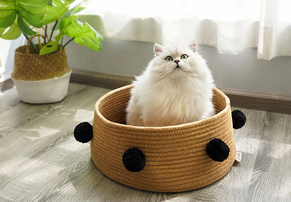 Weave Cat Bed House Dog Bed For Small Dogs Cat Basket Pompon Decorate All Seasons Sleeping Bed Puppy Mat Supplies Pet Rest House-22