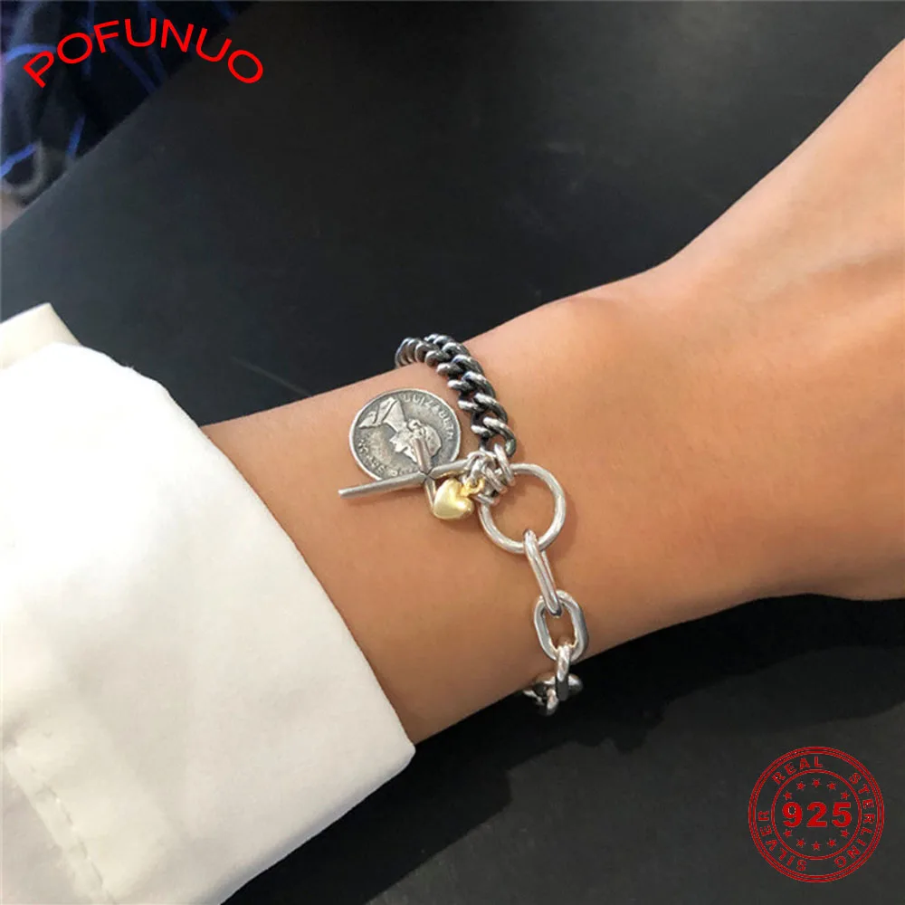 

POFUNUO 925 Sterling Silver Handmade Weaving Valuable Bracelets Cross Head Portrait Coin Hasp Charm Bracelets Fine Jewlery 925