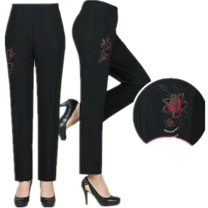 

Middle Age Clothing Pants Women Pants Loose Size Autumn Long Pants Embroidered Casual Trousers High Quality Add wool Warm pants
