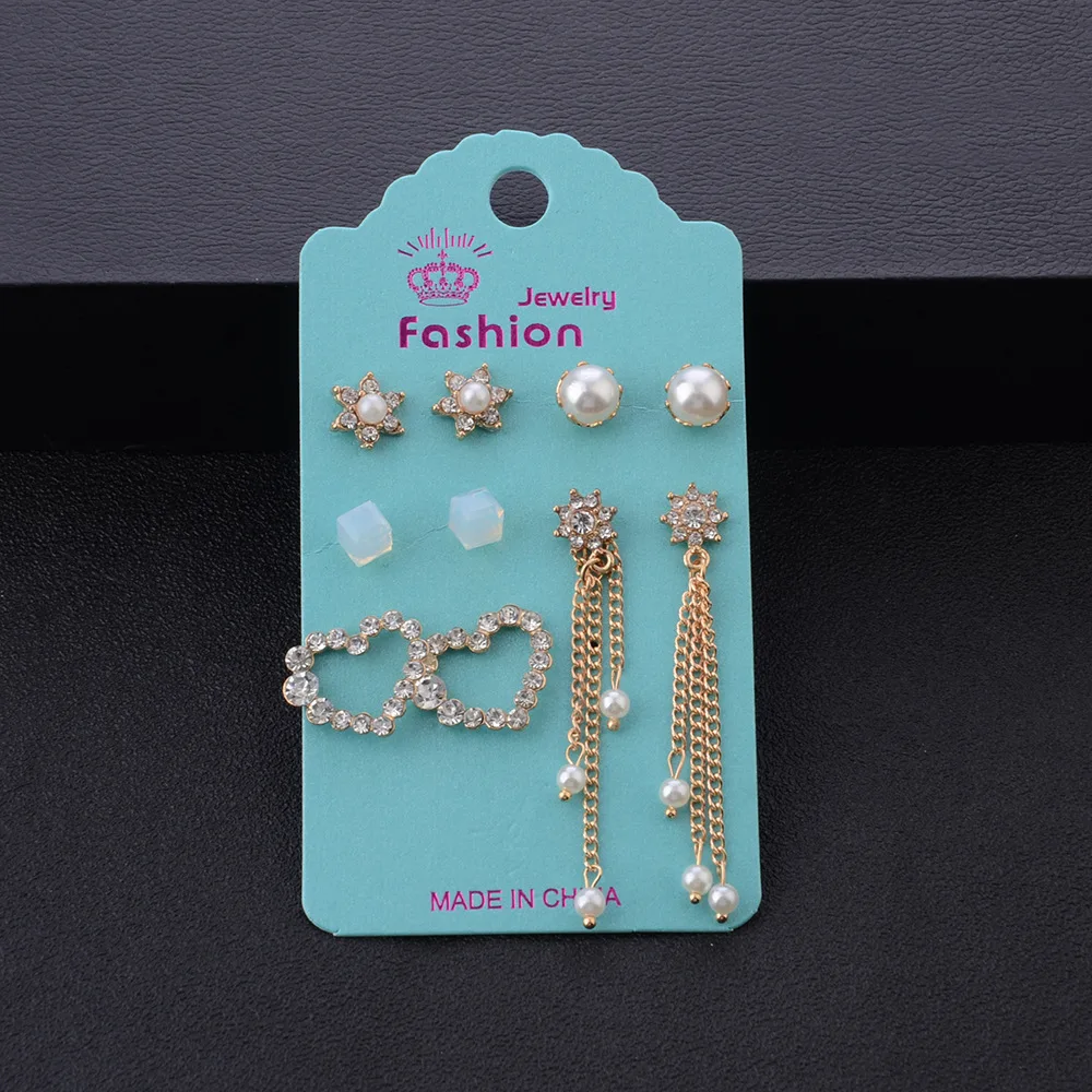 

5Pair Trendy Heart Crystal Pearl Tassel Stud Earrings Set Vintage Geometric Gold Long Earring Women Lady Accessories Gifts