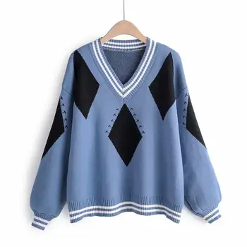 

Autumn Winter Women's V-Neck Long Sleeve Loose Sweaters Pullover Casual Sweaters Knitted High Street Sweaters