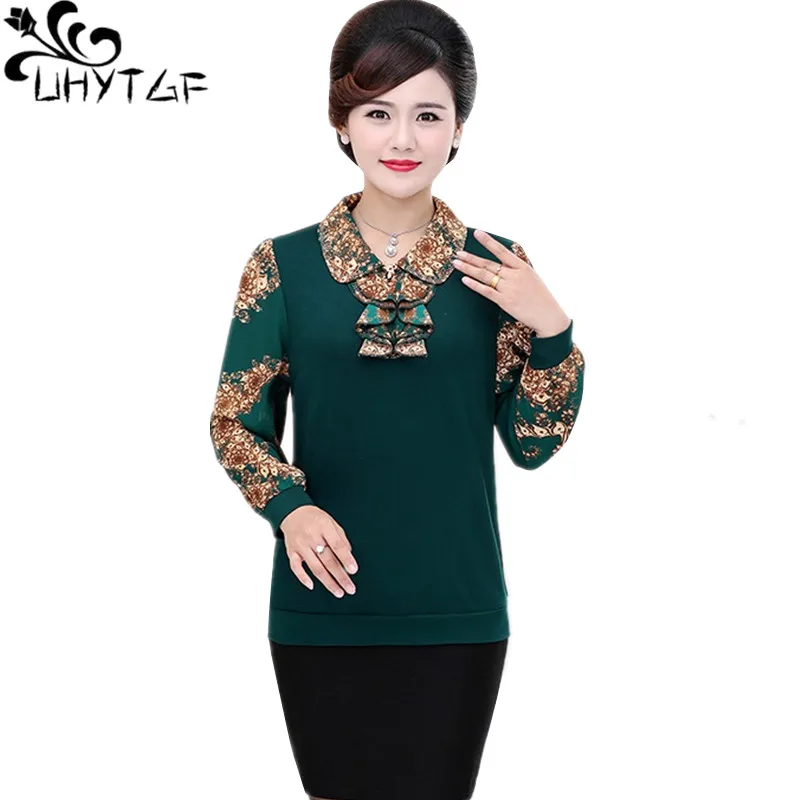 

Топ UHYTGF, женская модная вязаная шифоновая рубашка с принтом, пуловер свободного покроя на весну и осень, женская футболка большого размера 5XL, tops1513