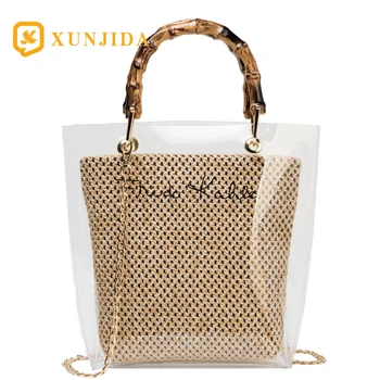 

XUNJIDA 2PCS Bamboo Handle Straw Weave Handbag Women's Clear Bags Letter Printed Shoulder Bag sac Transparent Bags Summer Beach