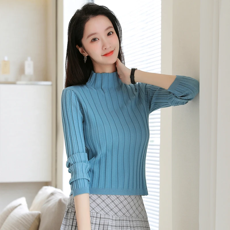 

Women's Fashionable Knitted Pullover Sweaters Solid Mock Neck Long Sleeves Pit Pattern Women Slim Knitting Pullover Autumn 2021