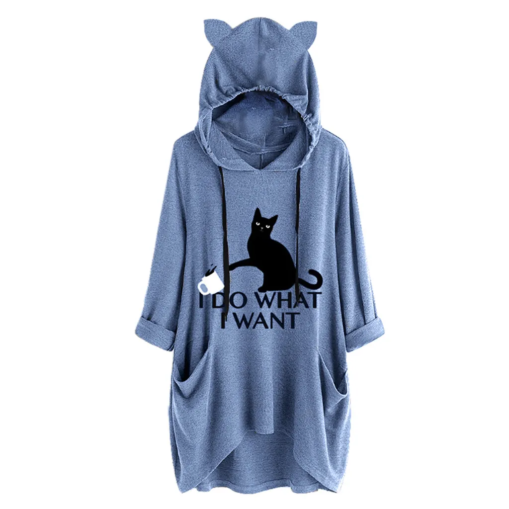 Jaycosin Women Casual Print Cat Ear Hooded Long Sleeves Pocket Irregular Casual Cool Chic New Look Pullover Tops Blouse