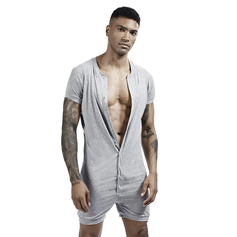Men's Siamese Pajamas Onesies Home Clothes Super elastic Comfortable Snap Button Jumpsuit Men Sleepwear Solid Color T Shirts