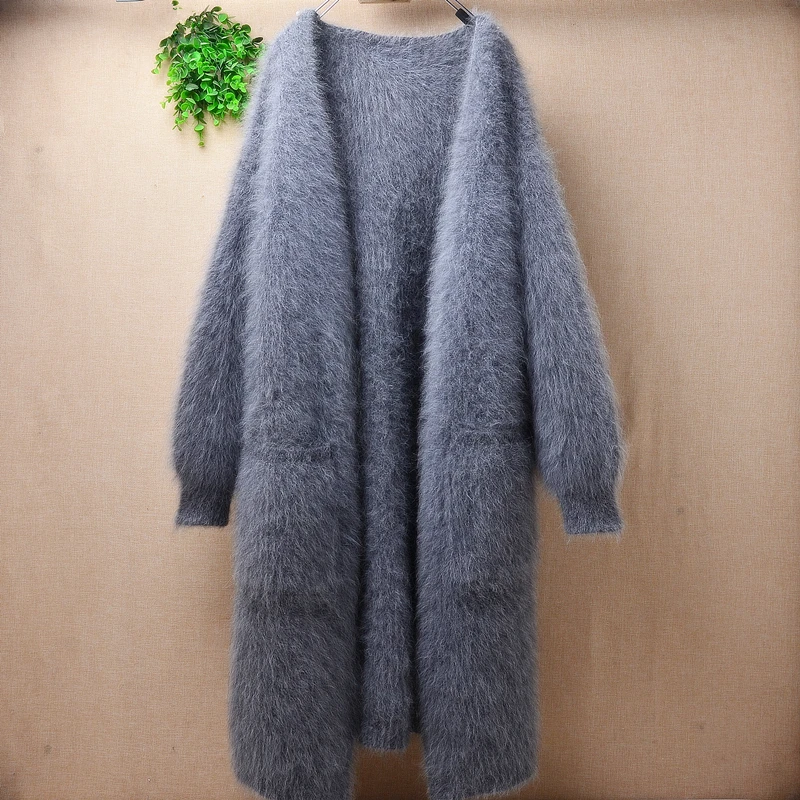 

ladies women fashion thick warm hairy mink cashmere long lantern sleeves cardigans mantle angora rabbit hair winter jacket coat