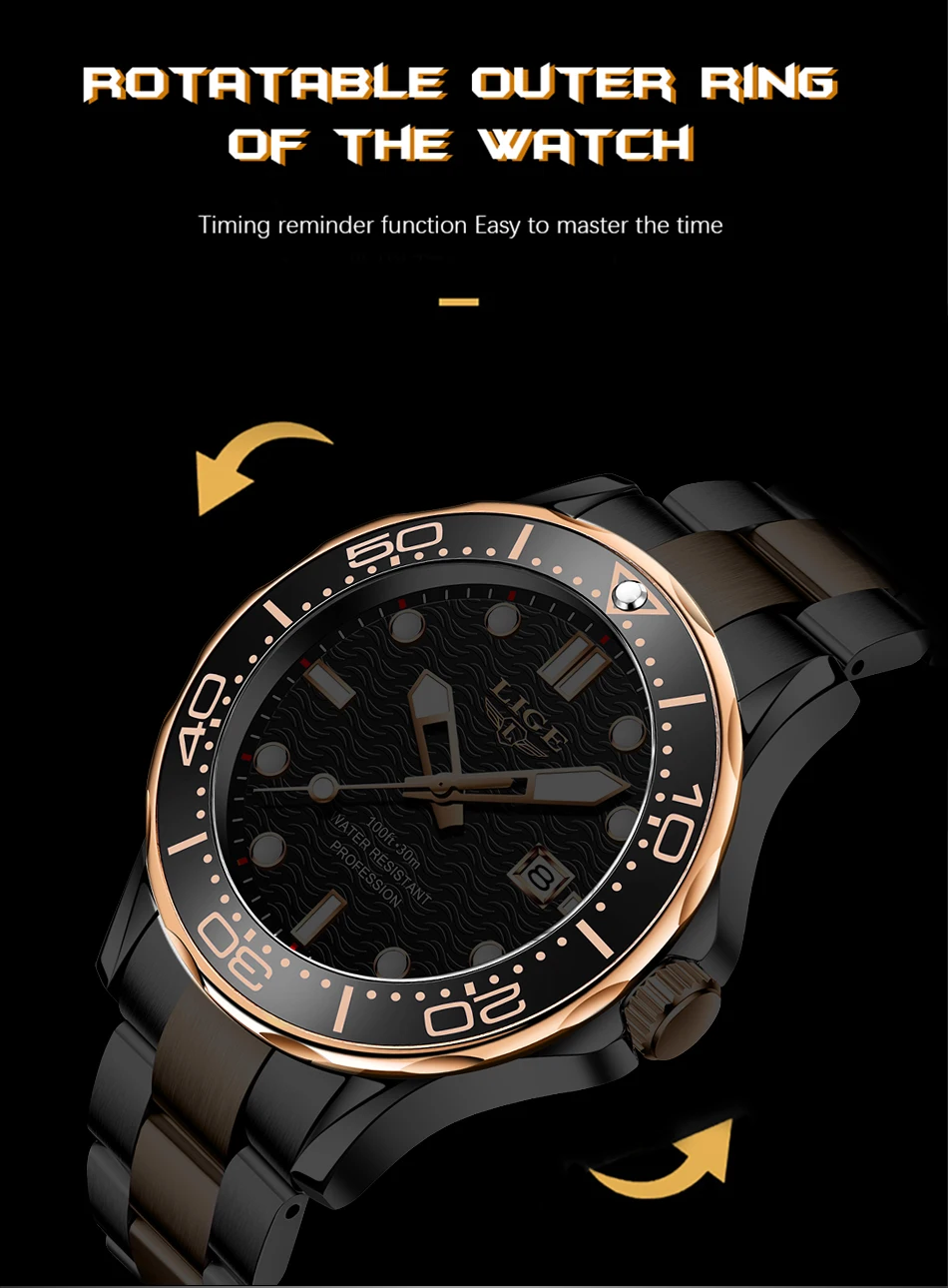 LIGE Top Brand Luxury Fashion Diver Watch Men 3ATM Waterproof Date Clock Sport Watches Mens Quartz Wristwatch Relogio Masculino
