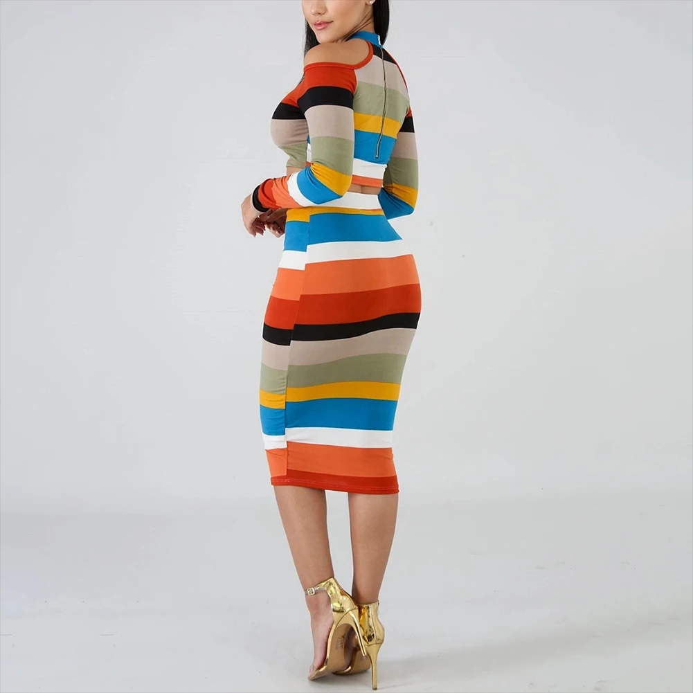 bohisen NEW 2019 Long Sleeve Knitted Leaky shoulder Sweaters Dresses Autumn Winter Casual Sexy Sweaters top and skirt suit