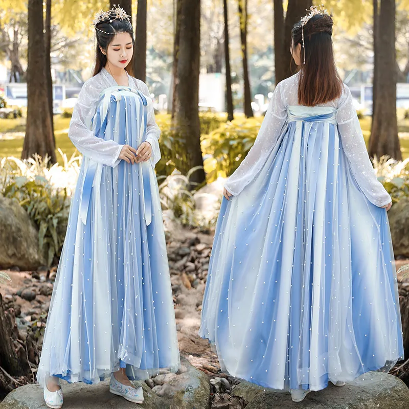 Женское сказочное платье Hanfu синего цвета с вышивкой костюм для классических