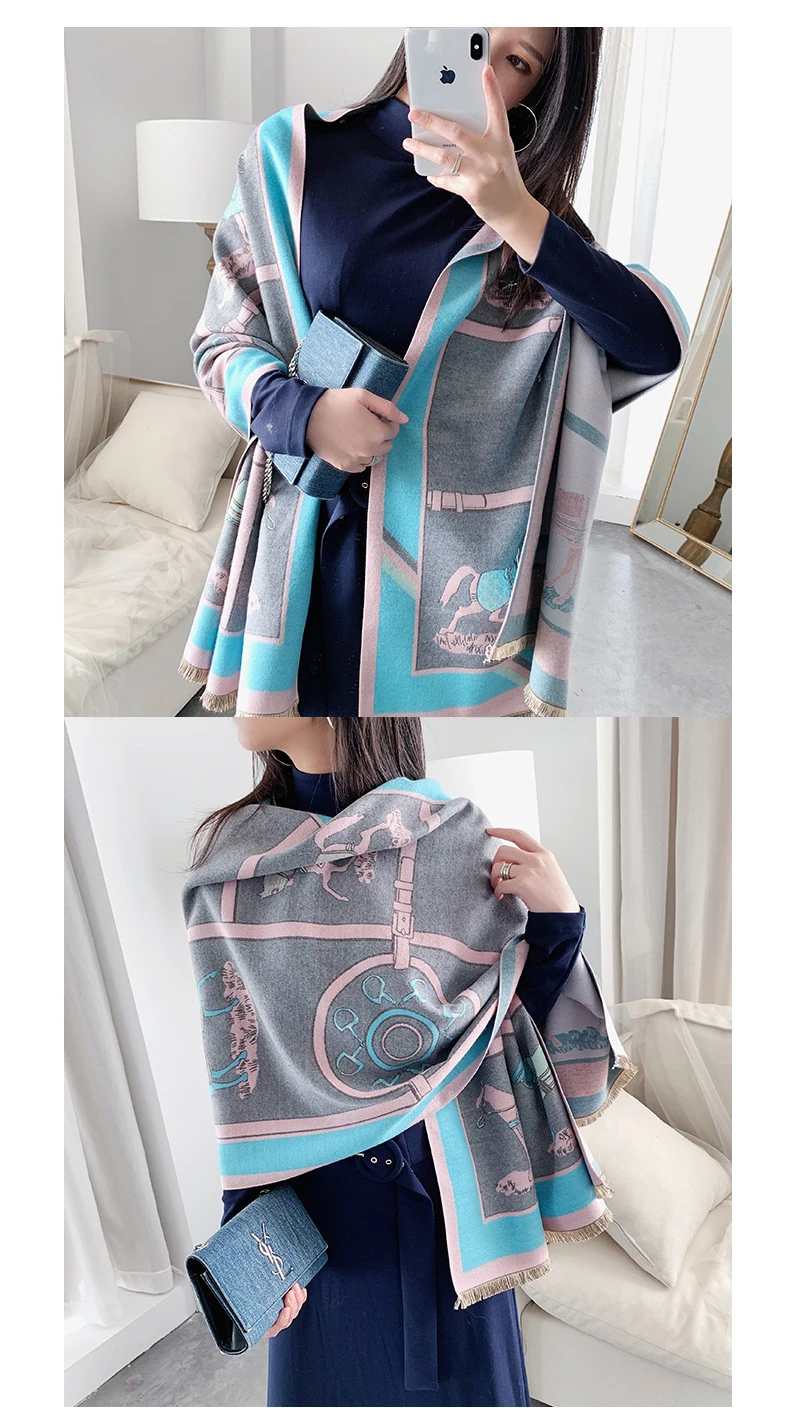 Luxury Winter Cashmere Scarf For Women Warm Pashmina Shawls and Wraps Fashion Chain Animal Print Kerchief Scarves For Lady