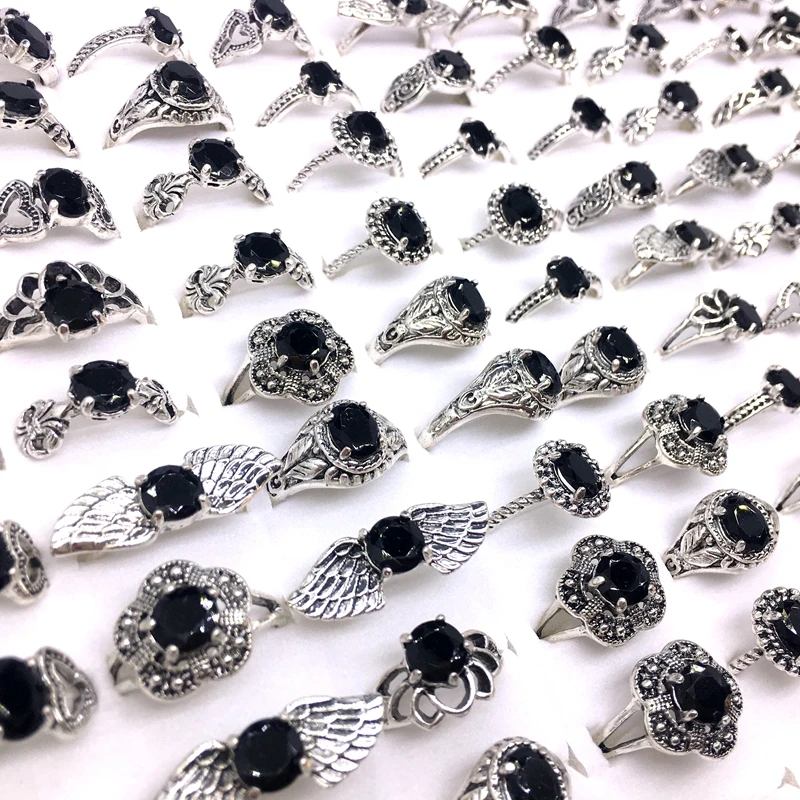 MixMax 50PCs/Lot Womens Rings Mix Styles Silver Plated Black Stone Vintage Jewelry Party Gifts Wholesale dropshipping