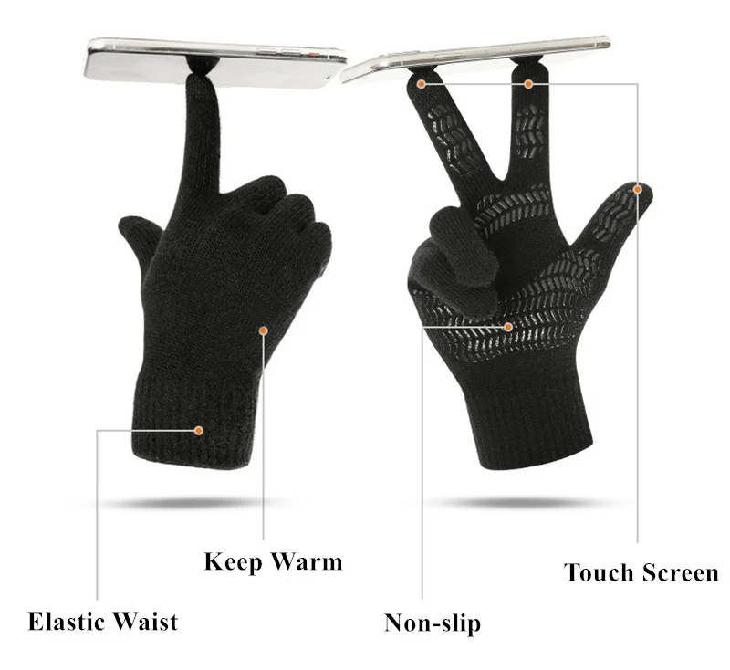 Winter Knitted Men's Gloves Touch Screen Anti-skid Solid Business Driving Cycling Full Finger Autumn Non-slip Rubber Male Gloves