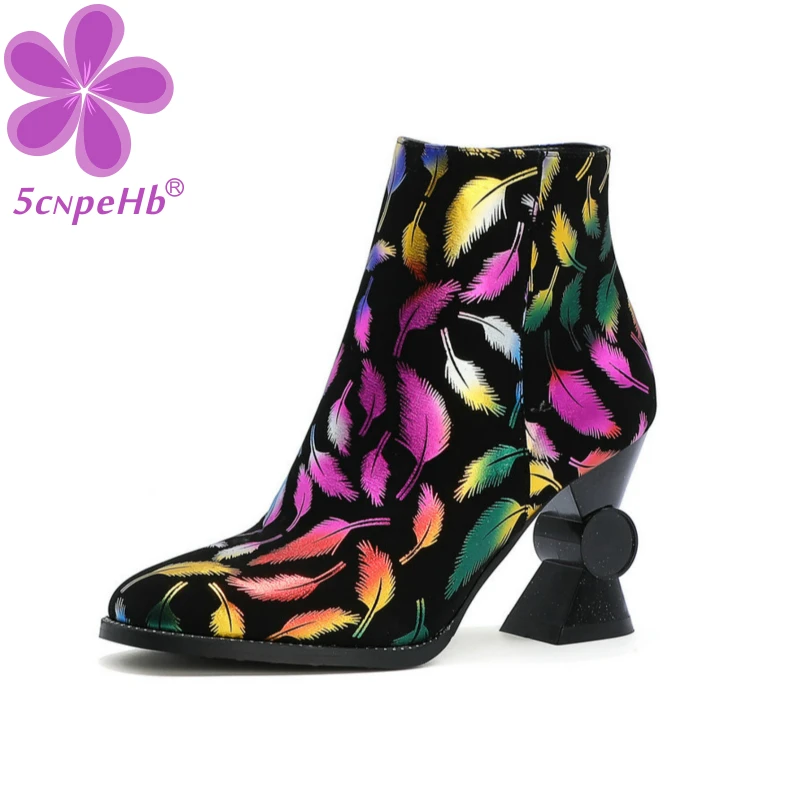 

Metallic Rainbow Color Women Suede Leather Graffiti Printed Winter Warm Ankle Boots Strange High Heel Shoes Plus Size Streetwear