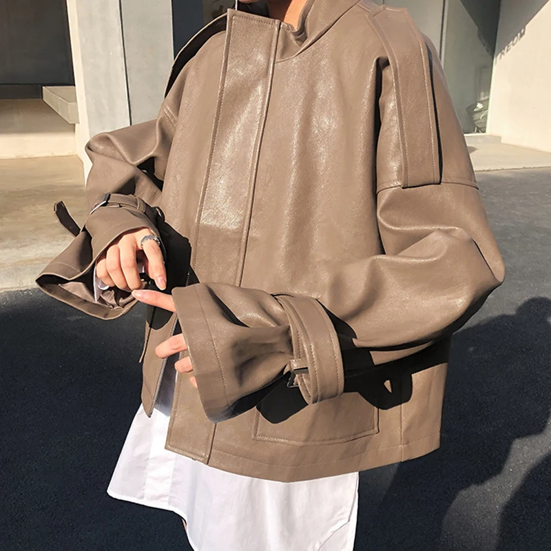 

2019 autumn and winter korean women leather jacket solid color loose wild casual retro pu leather jacket oversized