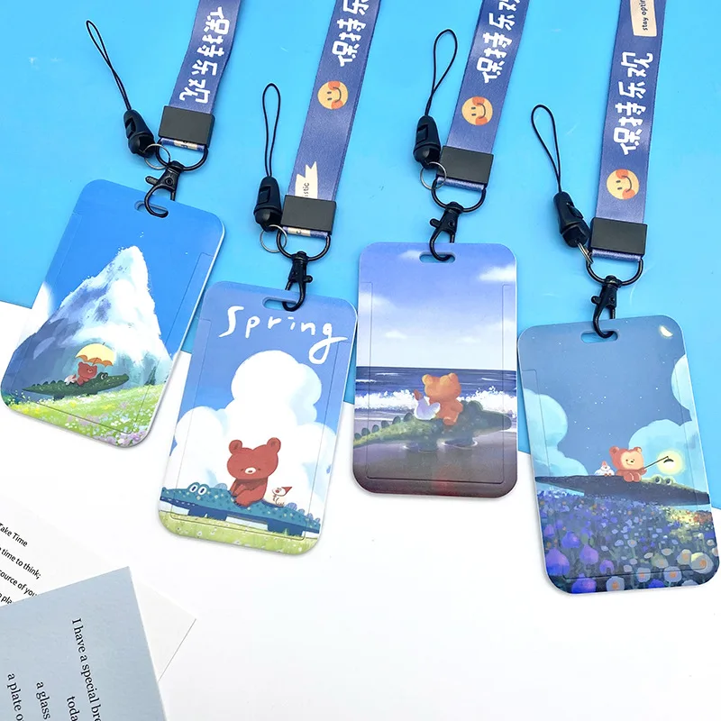 Cartoon ID Card Credit Card Case Cute Little Bear Student Bus Pass Hand Strap University Access Card Holders Female Male Pendant creative large computer office deskpad male and female student desk writing pad cute game desktop keyboard mouse pad