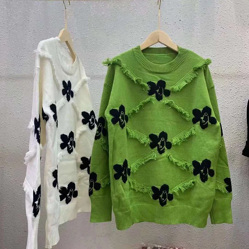 

Sweater Women Green Pullovers Autumn Winter Long Sleeve Loose O-Neck Flowers Tassel Design Casual Clothes Jumpers Knitted