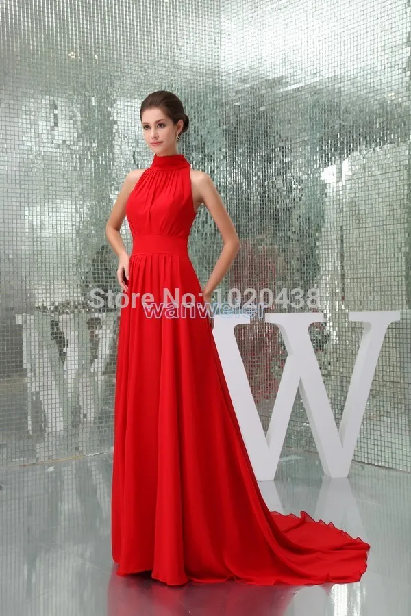 

robe de soiree free shipping highneck vestido de festa new design formal gown Customchiffon red long party evening dress 2016