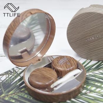 

TTLIFE Wood Grain Round Contact Lens Case with Mirror Storage Retro Nordic Box Lens Container Cute Cartoon Eye Contacts Case