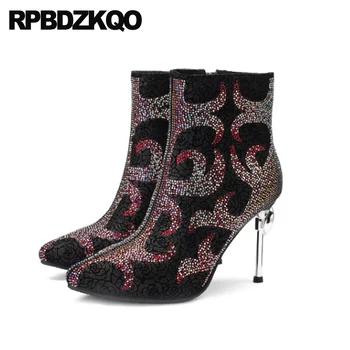 

wedding big size high heel stiletto sheepskin bling pointed toe plus metal boots rhinestone sparkly diamond shoes crystal ankle