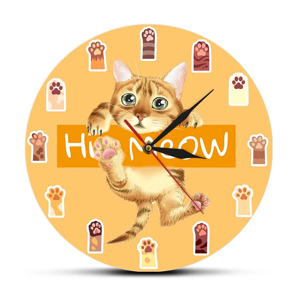 Hi Meow Colorful Cat Paws Art Clock For Kids Bedroom Movimento Silenzioso Orologi Cartoon Home Decor Hanging Kitty Wall Watch