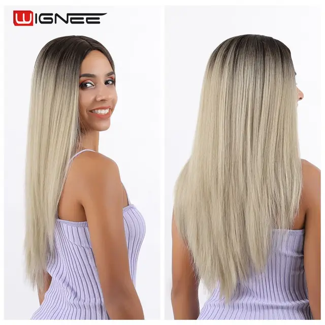 Wignee Long Natural Straight Wig Blonde Middle Part Cosplay Party Lolita Synthetic Wigs for Women Heat Resistant Fiber 1B Blonde