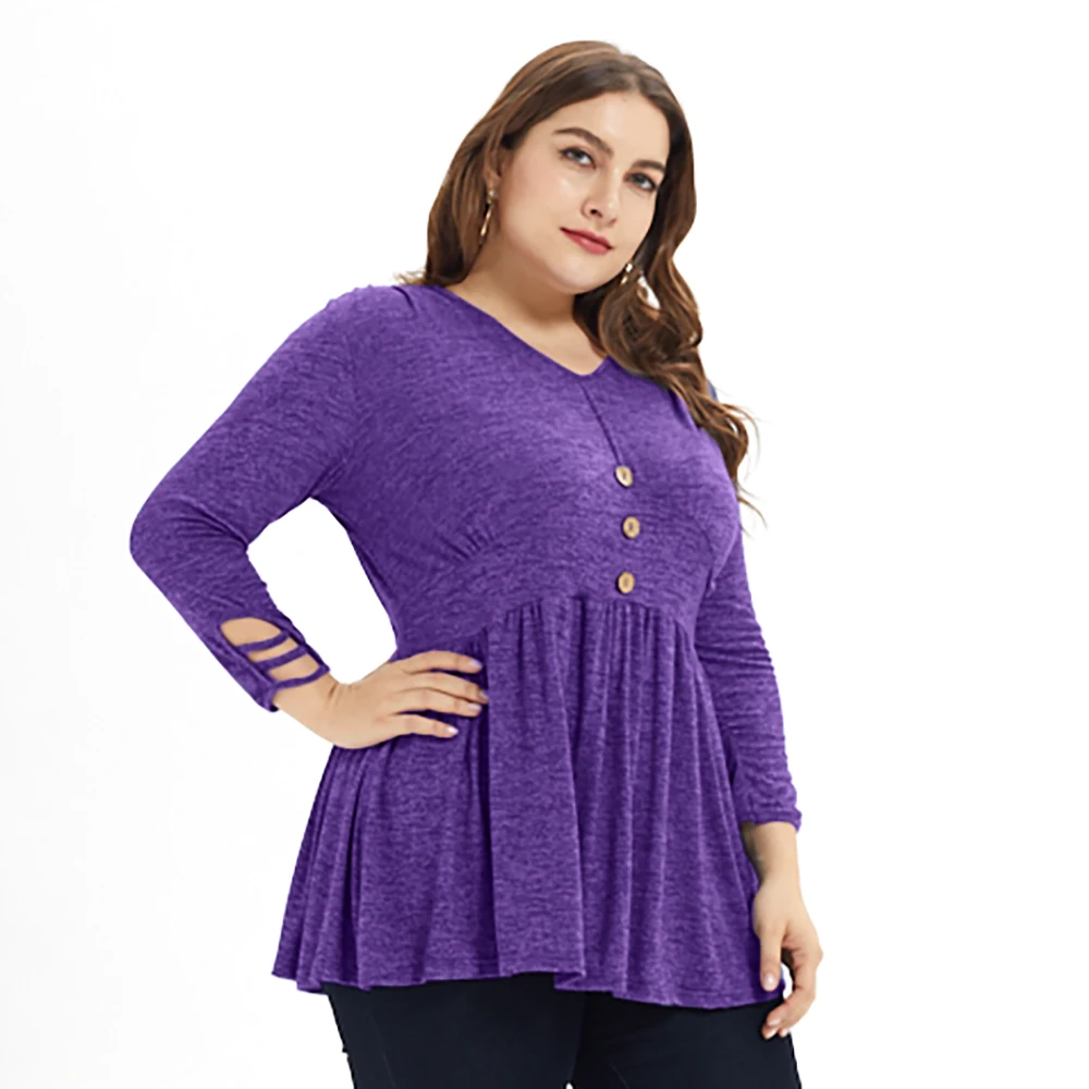 5XL размера плюс, женские топы, плиссированная футболка с длинным рукавом, Женская Повседневная футболка на пуговицах с v-образным вырезом, осенняя женская уличная одежда D30