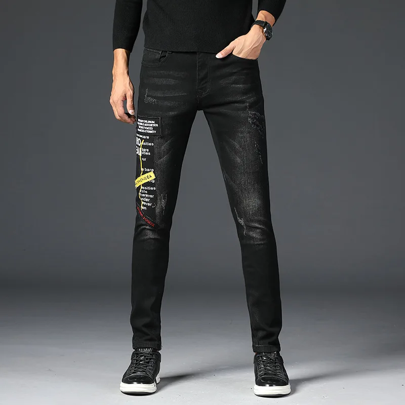 

2019 Men Embroidered Printed Jeans Men's Popular Brand Spring And Autumn Pants MEN'S Black Slim Fit Casual Skinny Trend