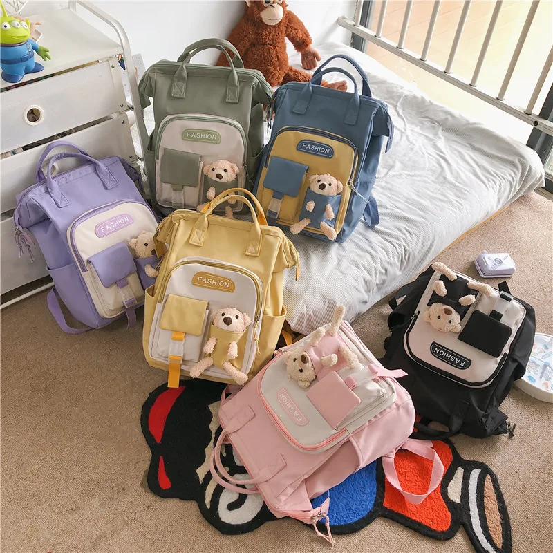 Kawaii Preppy Backpack Bear Nylon Bag Women Waterproof Candy Colors Backpacks High School Bags for Teenage Girl Travel Rucksack